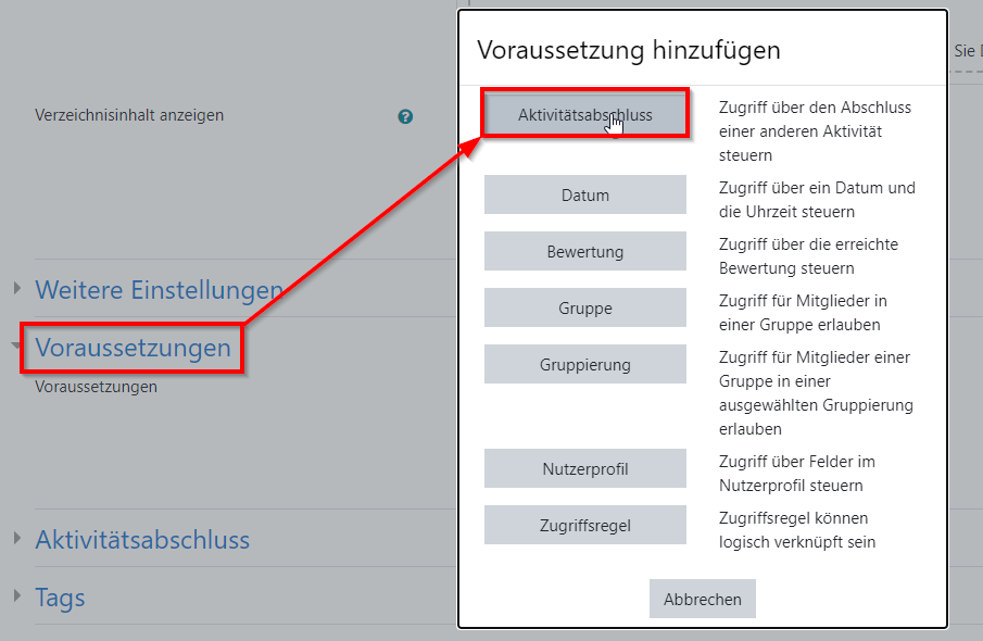 Moodle Hilfe Voraussetzung zum Zugriff